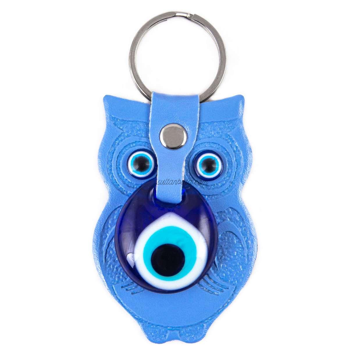 Blue Leather Owl Keychain