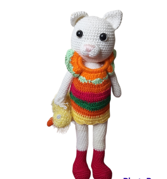White Bear in Colorful Dress With Chick Toy