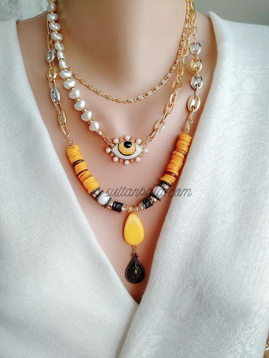 Evil Eye and Mother of Pearl Gemstone Necklace Evil Eye and Mother of Pearl Gemstone Necklace