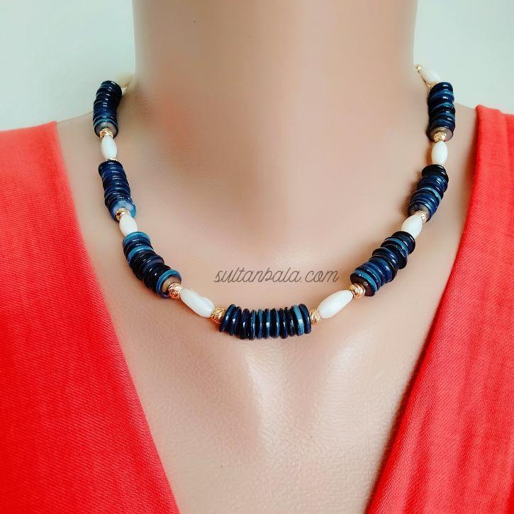 Dark Blue and Beige Mother of Pearl Necklace Dark Blue and Beige Mother of Pearl Necklace