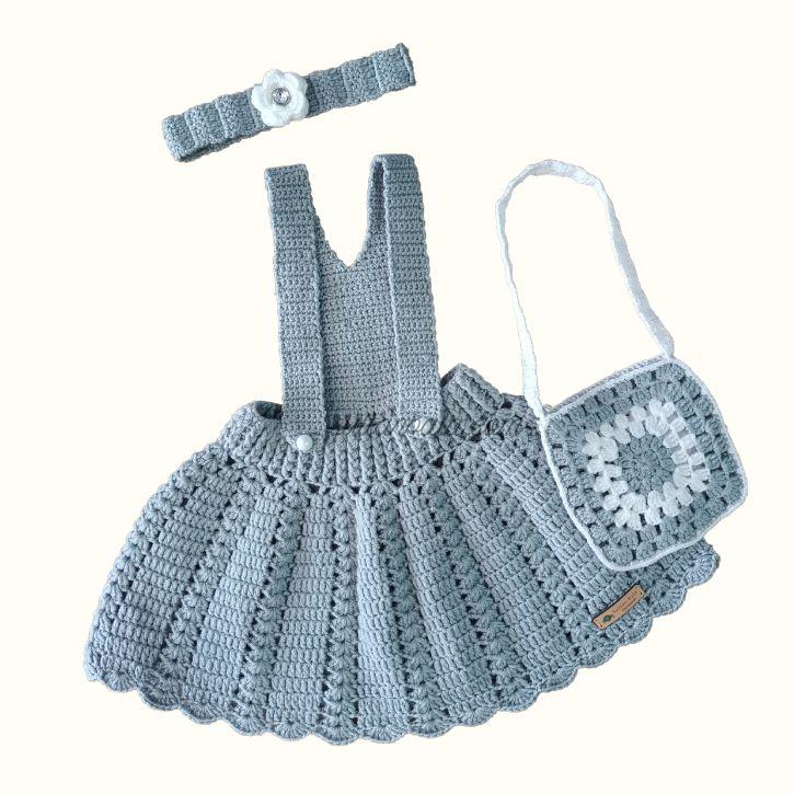 Gray Knitted Baby Girl Dress With Buckle And Bag Gray Knitted Baby Girl Dress Combin