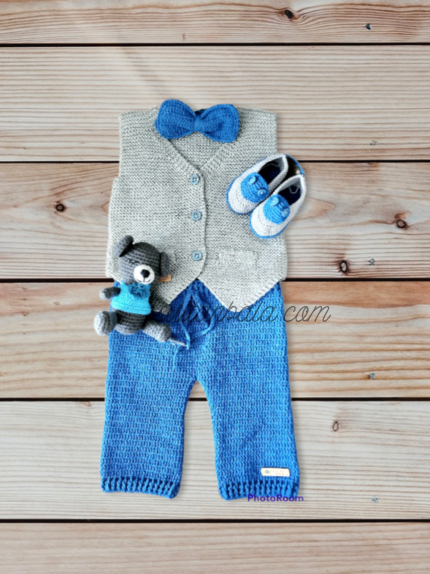 Baby Boy Set With Bow Tie Blue Pants And Gray Vest
