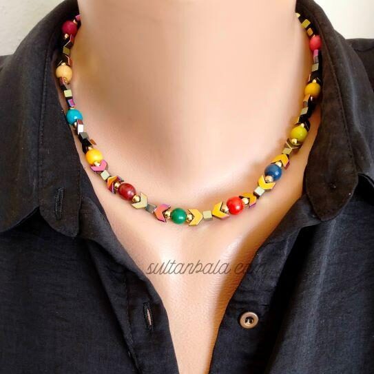 Wood bead Hematite Necklace Wood bead Hematite Necklace