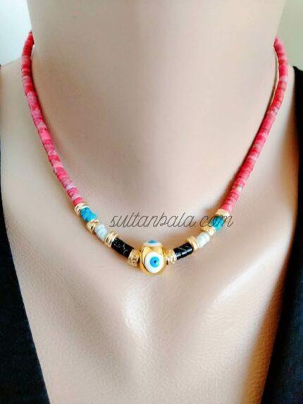 Varicite and Pearl of Mother Evil Eye Red Necklace