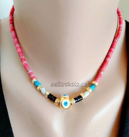 Varicite and Pearl of Mother Evil Eye Red Necklace Varicite and Pearl of Mother Evil Eye Red Necklace