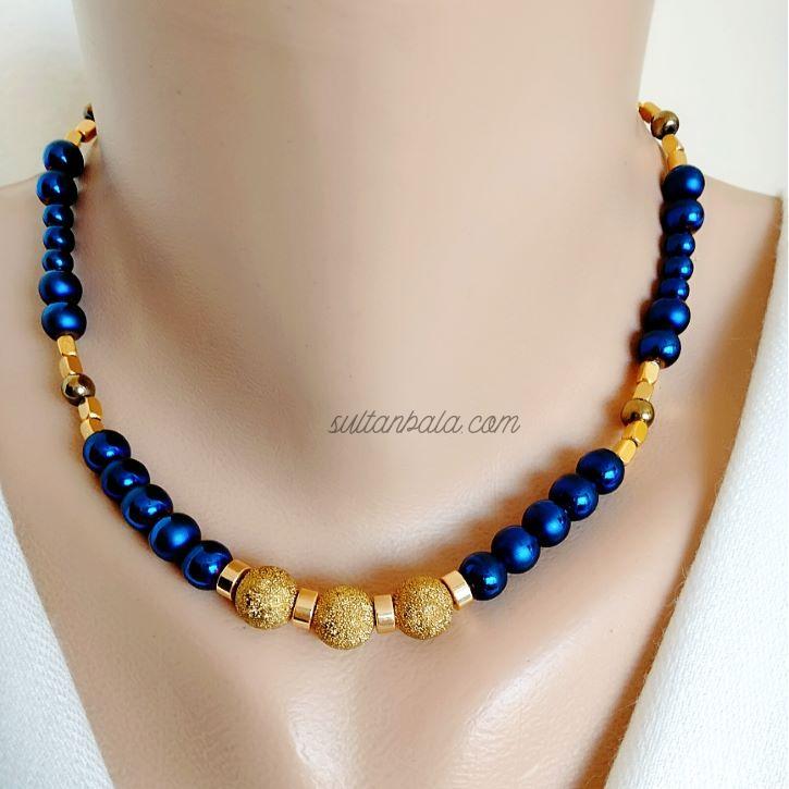 Blue Hematite and Gold Bead Necklace Blue Hematite and Gold Bead Necklace