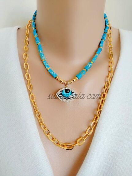 Evil Eye and Variscite Necklace + Gold-Plated Chain