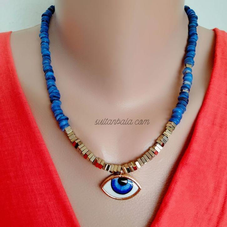 Gold-Plated Porcelain Evil Eye and Hematite Necklace Gold-Plated Porcelain Evil Eye and Hematite Necklace