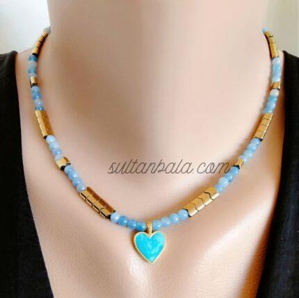 Hematite and Blue Agate Necklace with Heart Charm