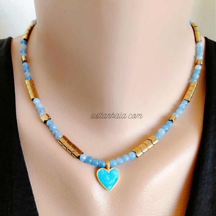 Hematite and Blue Agate Necklace with Heart Charm Hematite and Blue Agate Necklace with Heart Charm