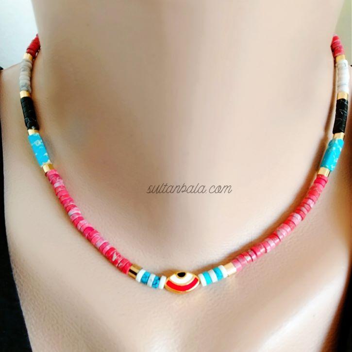 Variscite and Pearl of Mother Evil Eye Necklace Variscite and Pearl of Mother Evil Eye Necklace