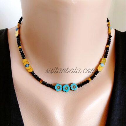 Hematite Blue Agate and Flower Necklace