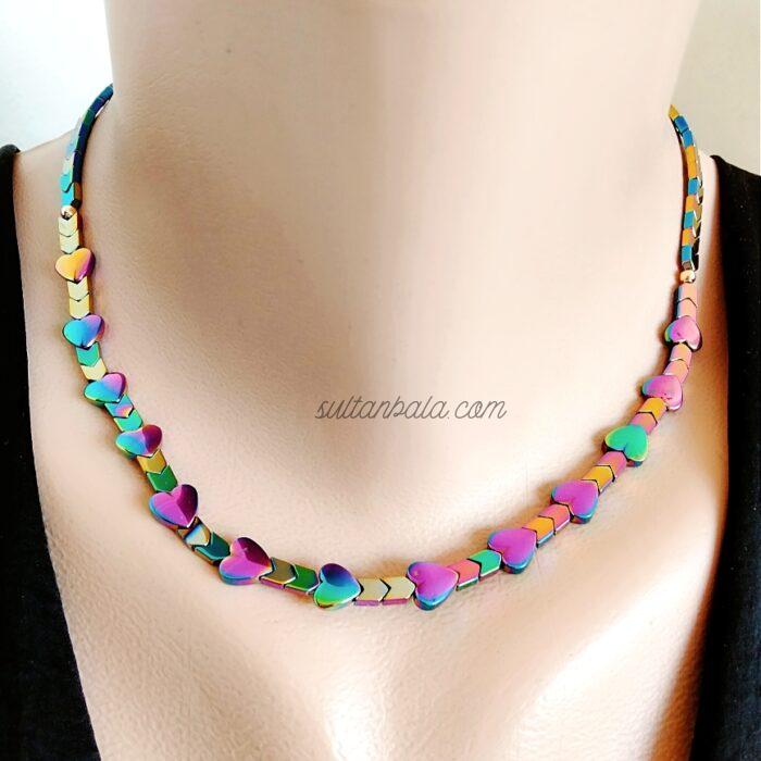 Rainbow Heart Hematite Necklace