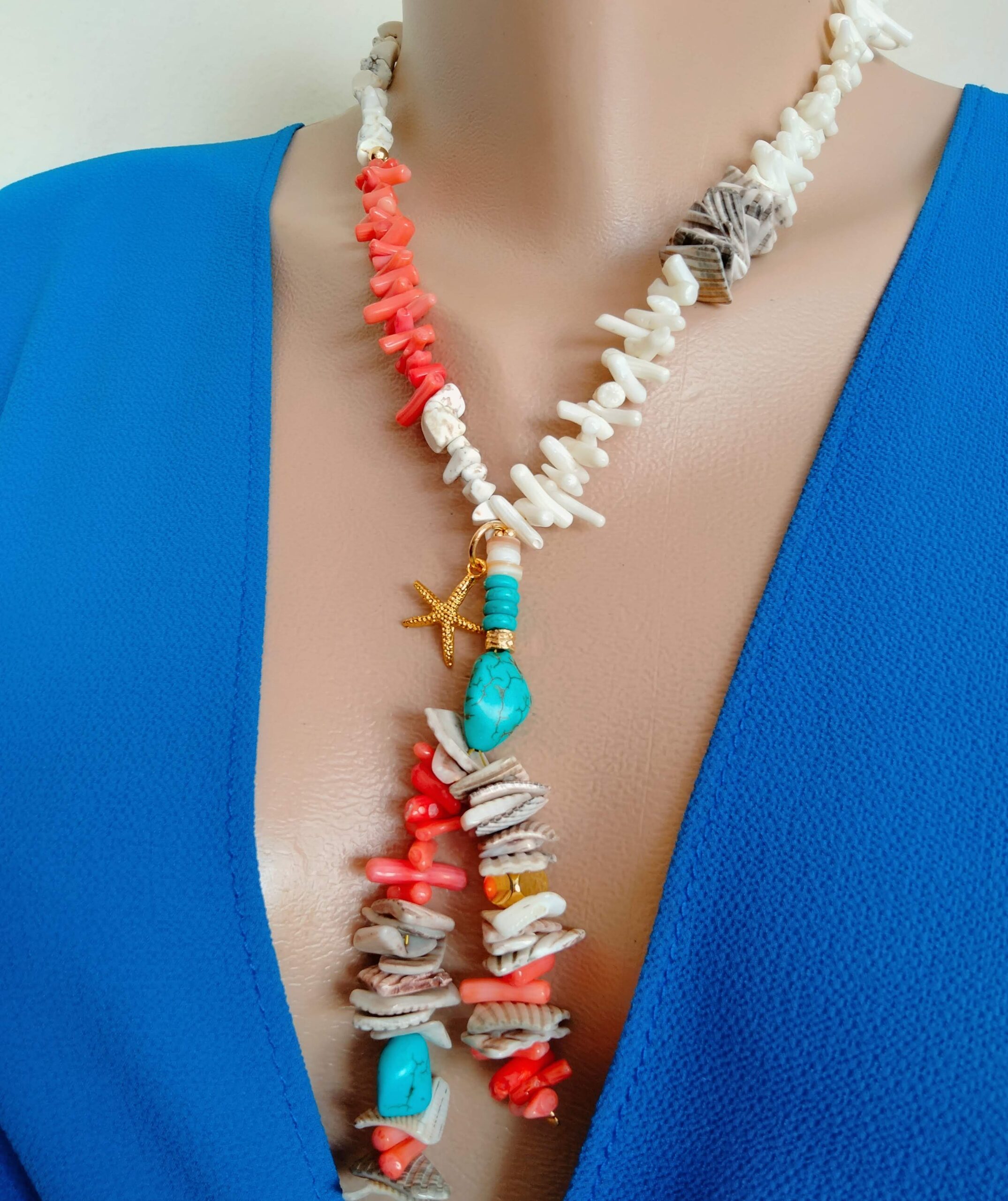 SeaShell Coral and Turquoise Handmade Necklace