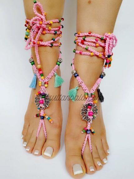 Barefoot Pink Sandals with Wood Beads and Anklets