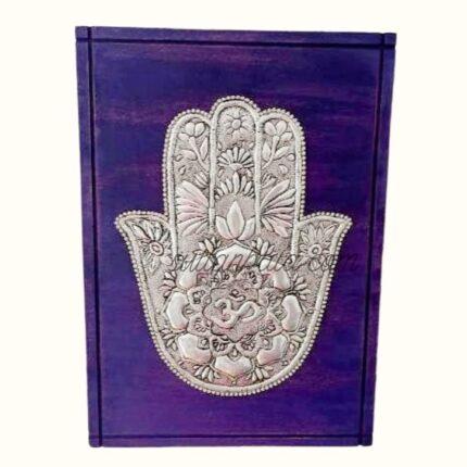 3D Aluminum on wooden background foil relief painting, wall decor Hamsa