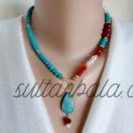 Turquoise Crystal and Red Coral Necklace and Bracelet Set