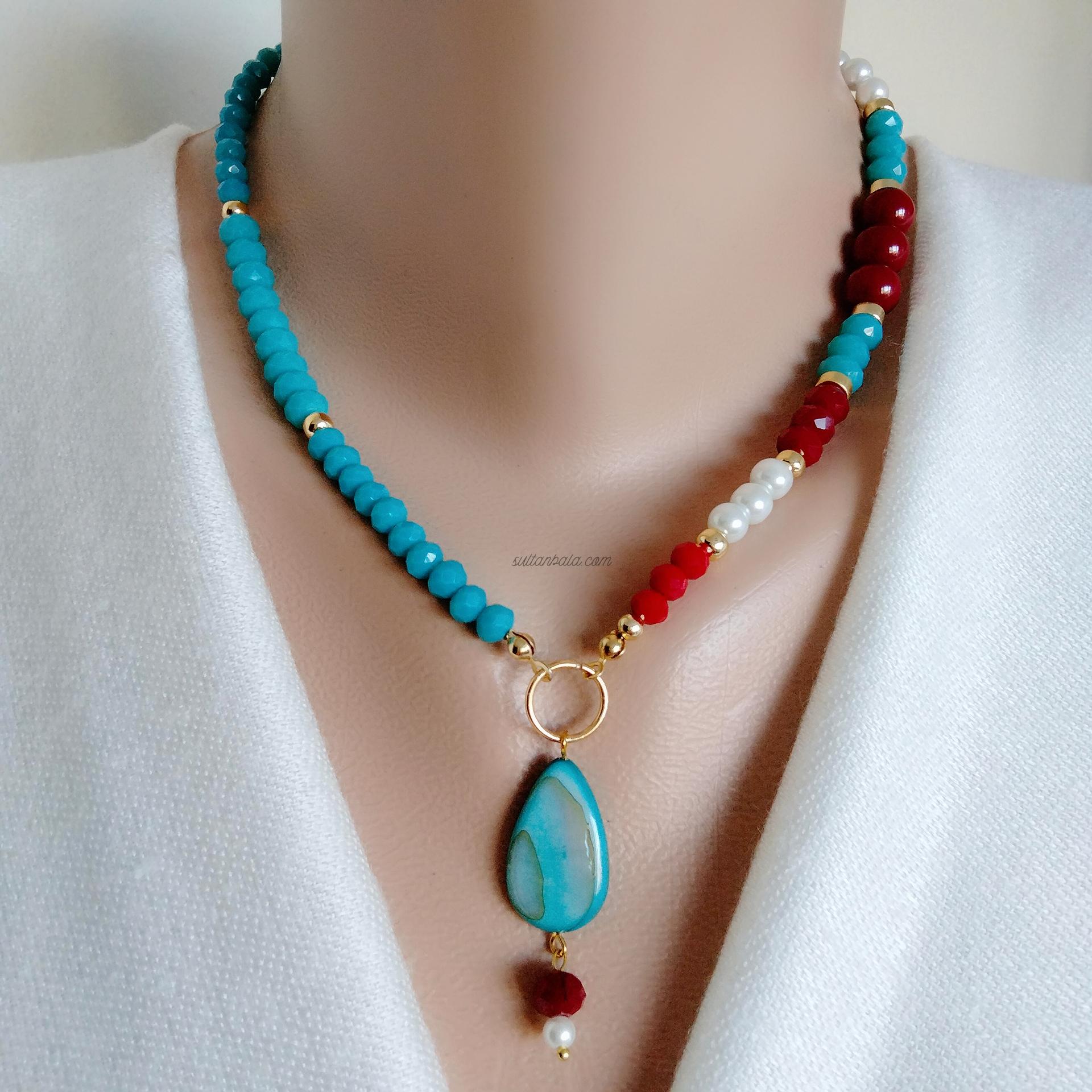 Turquoise Crystal and Red Coral Necklace and Bracelet Set Turquoise Crystal and Red Coral Necklace and Bracelet Set