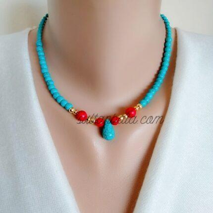 Turquoise and Red Coral Gemstone Necklace and Bracelet Set