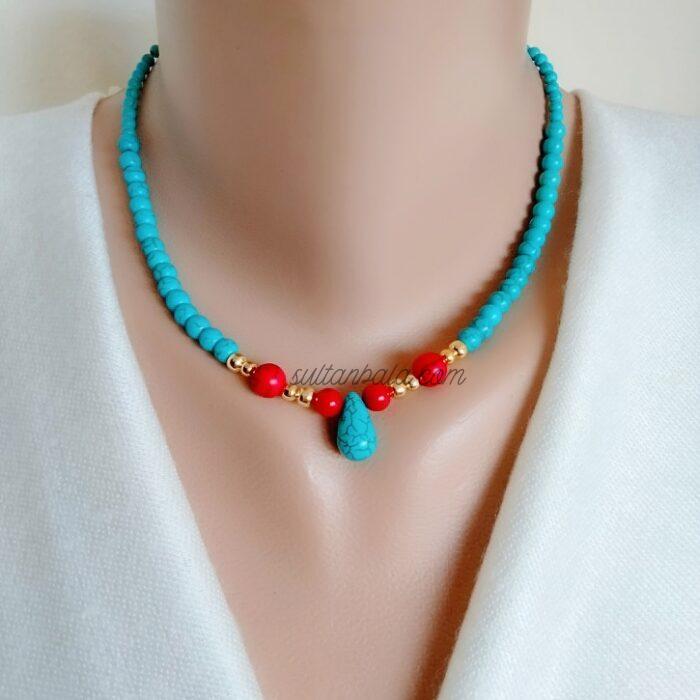 Turquoise and Red Coral Gemstone Necklace and Bracelet Set