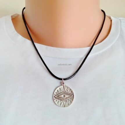 Silver Shaman Eye Pendant Necklace With Black Cord