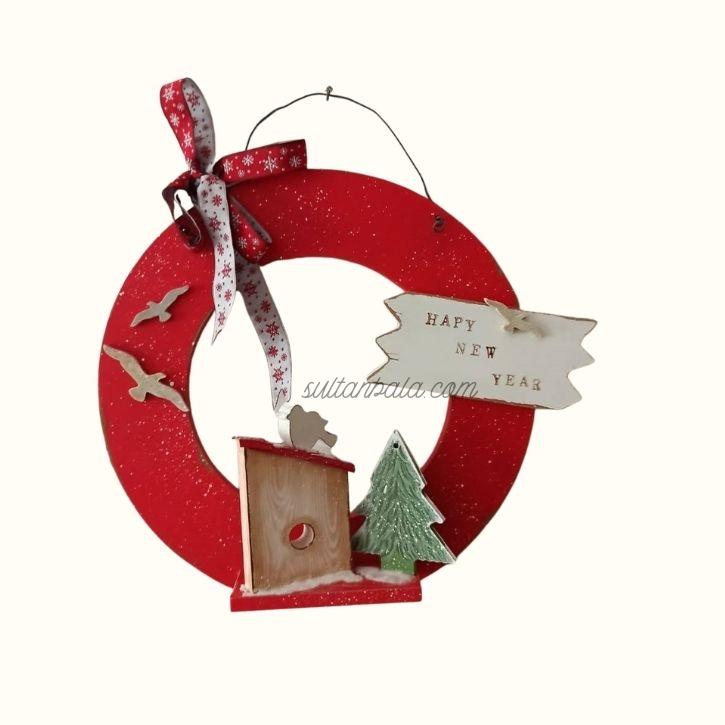 Happ New Year Wooden Painting Door and Wall Ornament, Red Decorative ornament Happ New Year Wooden Painting Door and Wall Ornament, Red Decorative ornament