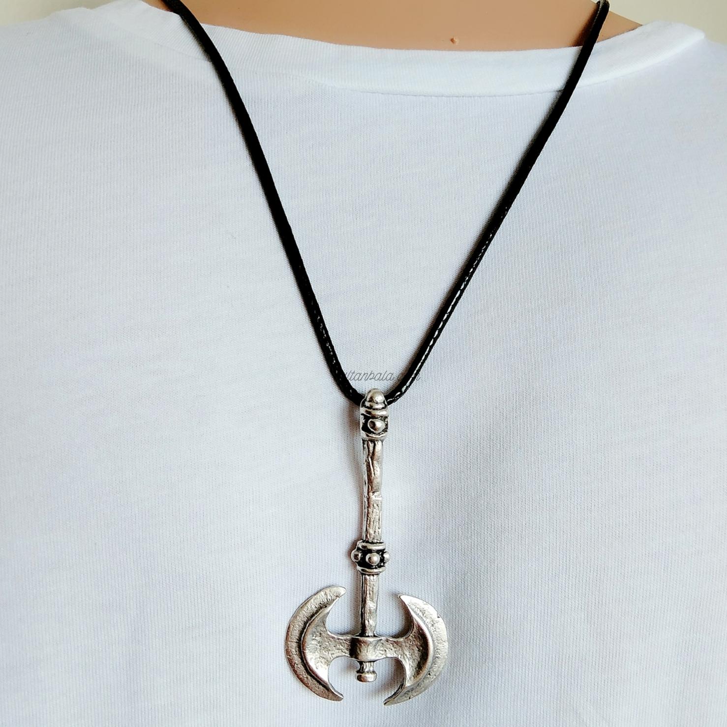 Viking Battle Axe Men's Silver Necklace Black Cord Rope Chain Viking Battle Axe Men's Silver Necklace Black Cord Rope Chain