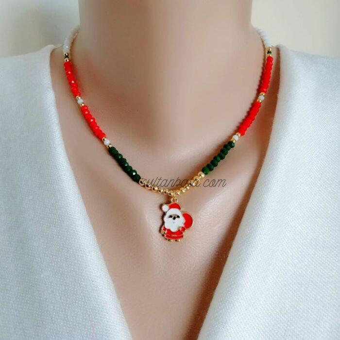 Christmas Santa Claus Charm Necklace, 24k charm, Crystal Beads