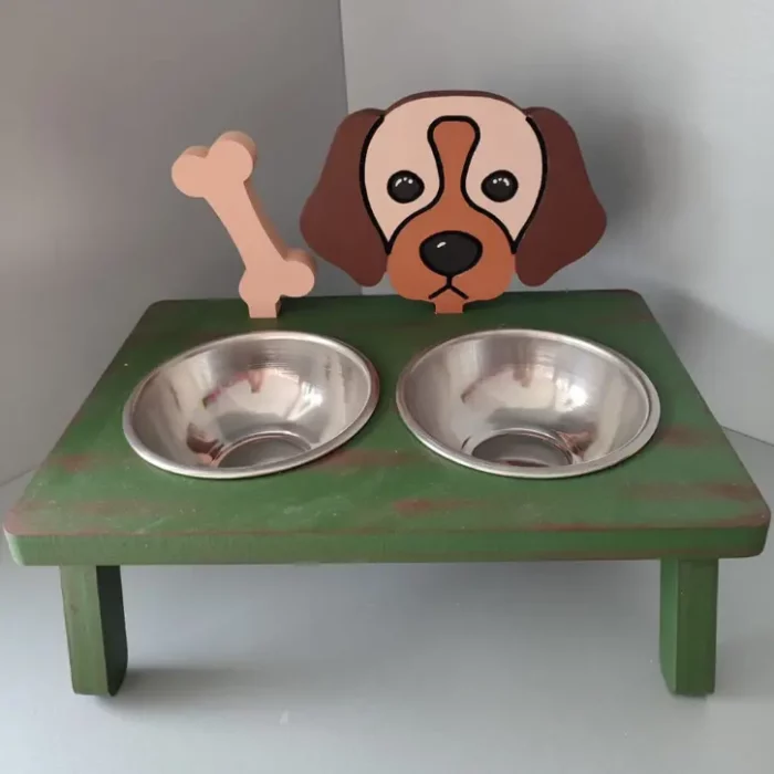 Handmade Wooden Dog Stand with 2 Bowls Green
