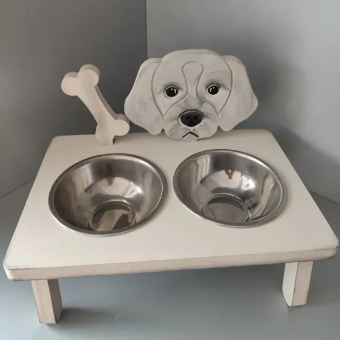 Handmade Wooden Dog Stand with 2 Bowls White