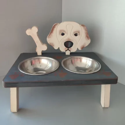 Handmade Wooden Dog Stand with 2 Bowls Gray