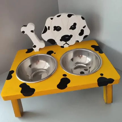 Handmade Wooden Dog Stand with 2 Bowls Dalmatian