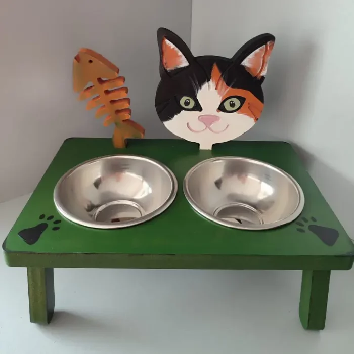 Handmade Wooden Cat Stand with 2 Bowls Green
