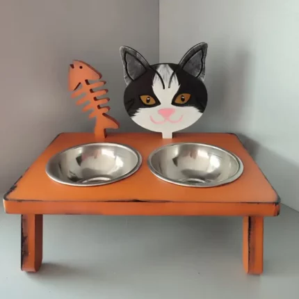 Handmade Wooden Cat Stand with 2 Bowls Brown