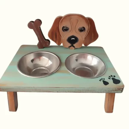 Handmade Wooden Dog Stand with 2 Bowls Brown
