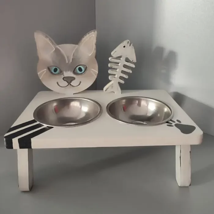 Handmade Wooden Cat Stand with 2 Bowls White